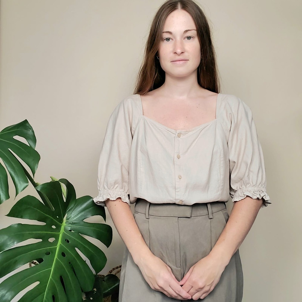 Loft Oatmeal Square Neck Puff Sleeve Linen Blend Buttondown Shirt Ws L